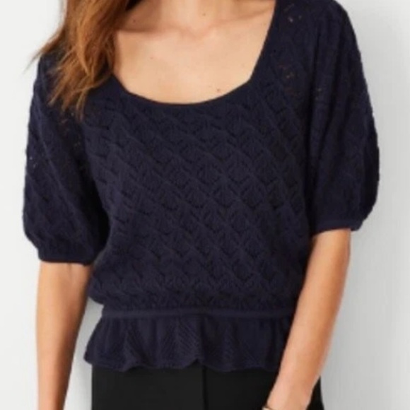 Ann Taylor Blue Pointelle Square Neck Ruffle Puff Short Sleeve Sweater LARGE NWT - Picture 1 of 9